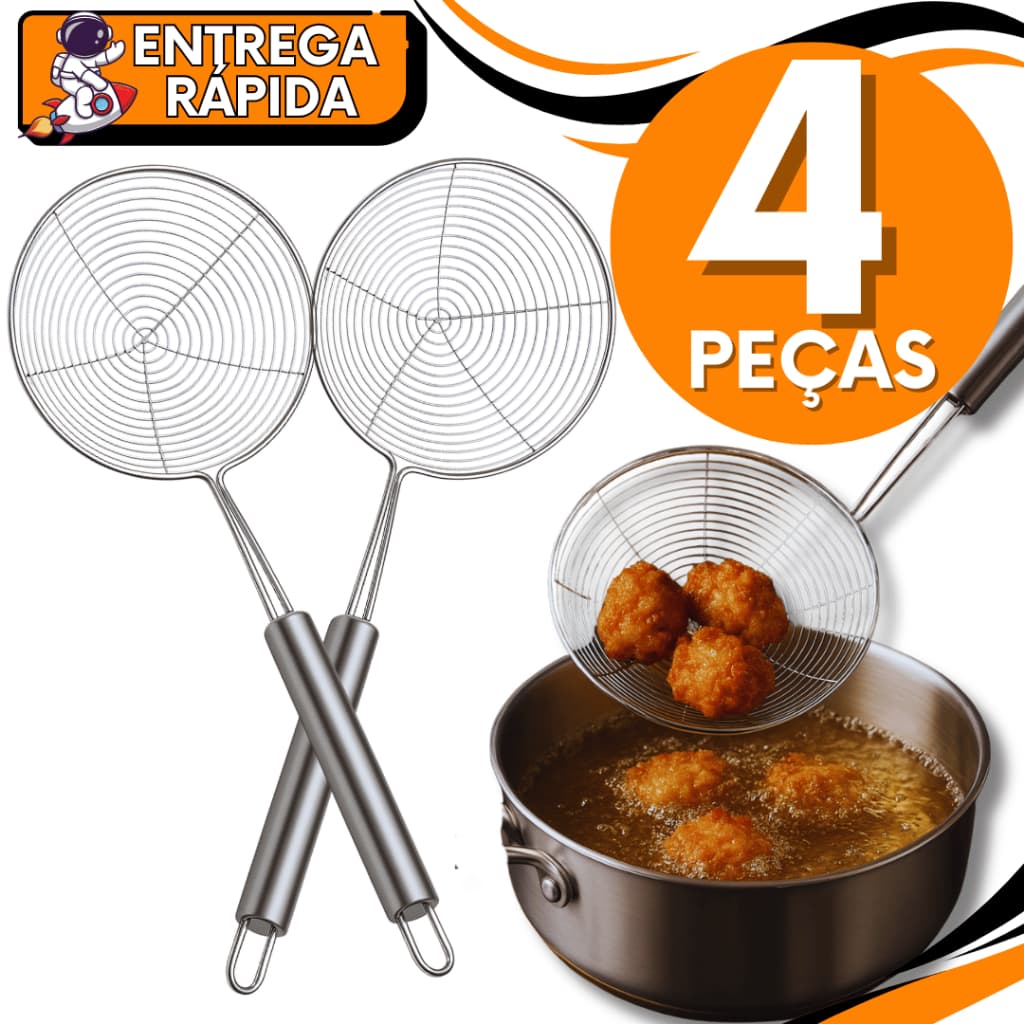 KIT 04 Peças - Fritadeira Escumadeira 15cm Inox com Cabo Longo Cozinha Profissional p/ Frituras de Salgados Pastel