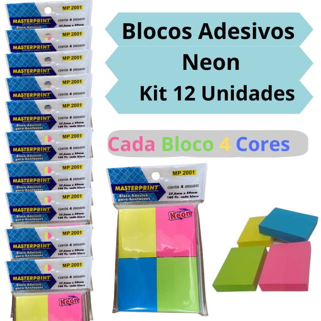 Kit 12 Blocos Adesivos Tipo Post-it Neon Masterprint Com 4 Cores Marcador De Pagina