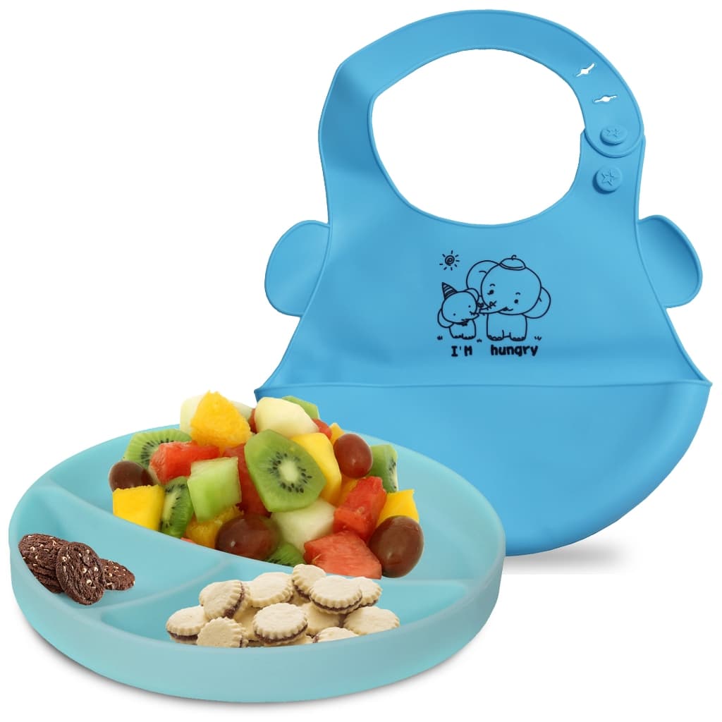 Kit Alimentação Bebê infantil Prato De Silicone 3 Divisória Com Ventosa e Babador Pega Migalhas