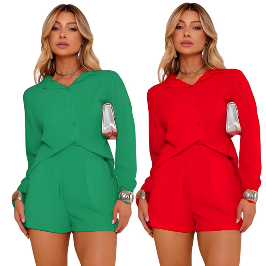 Conjunto Feminino casual Camisa manga longa e short com elástico na cintura