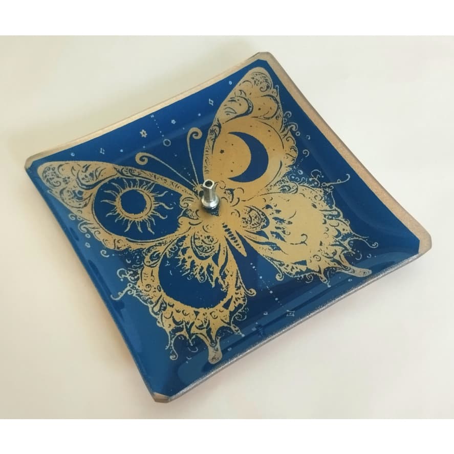 Porta Incenso Quadrado 12x12cm Estampa Borboleta nas Cores Azul e Dourado