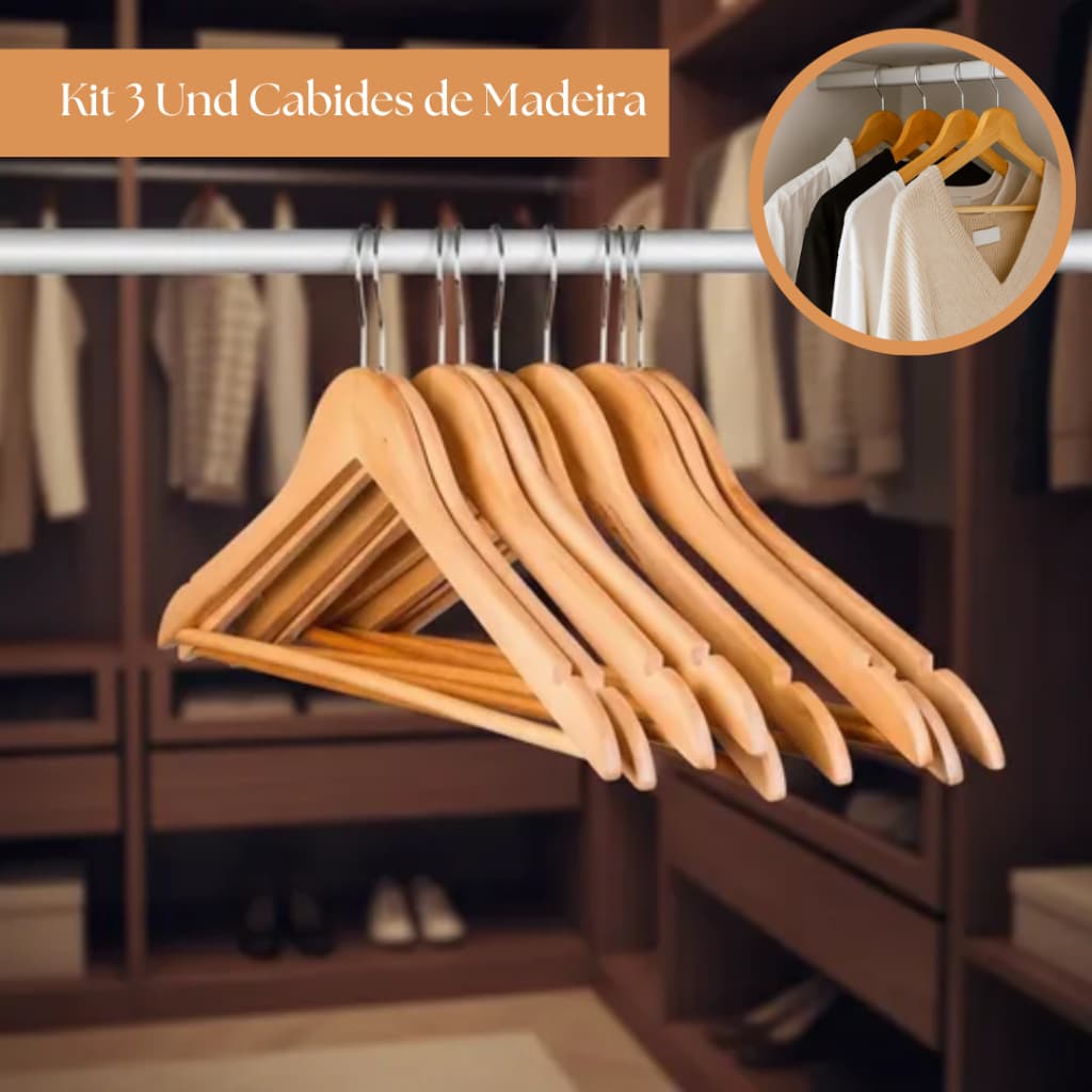 Kit 3 Unidades Cabide de Madeira Resistente Antiderrapante Marfim Verniz
