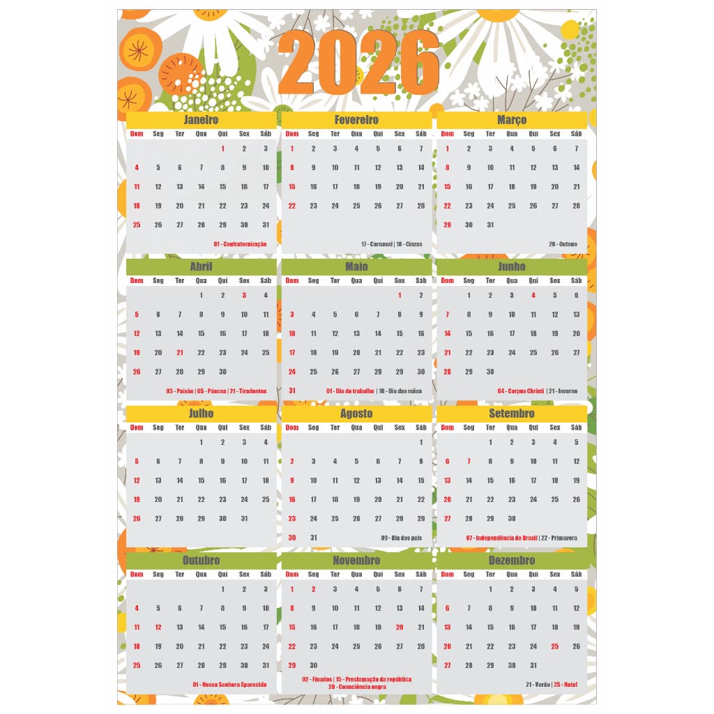 Calendário 2026 para geladeira Calendário Magnético Ímã