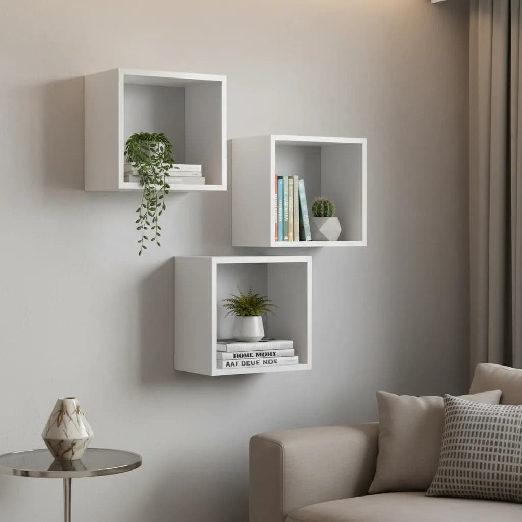 Kit 03 Nichos MDF 20x20cm Branco Sala Cozinha Banheiro Quarto Bebê Madeira Decoração Organizadores