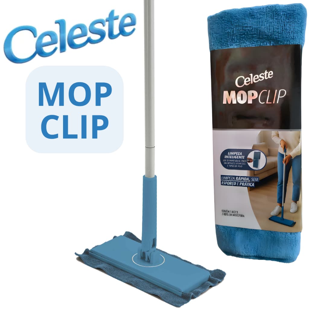 Mop Clip Azul 360 Celeste Limpeza Facil Pano Microfibra Cozinha Banheiro
