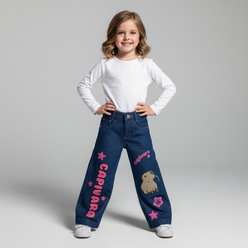 Calça Jeans Infantil Menina 4–16 Wide Leg Estampada (Capivara ou Corações) – Confortável e Moderna