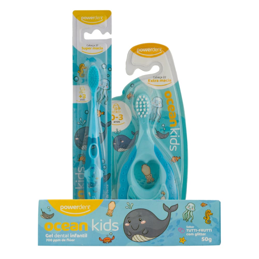Escova Mordedor Powerdent + Escova Infantil Ocean Kids com Gel Dental Brinde