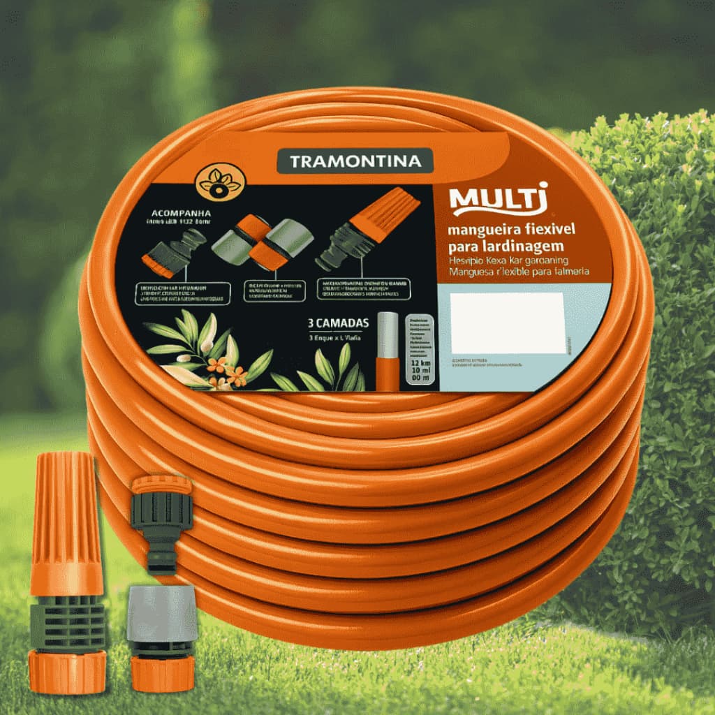 Mangueira de jardim Tramontina Multi 1/2 Reforçada Com Kit Esguicho Laranja 20 Metros