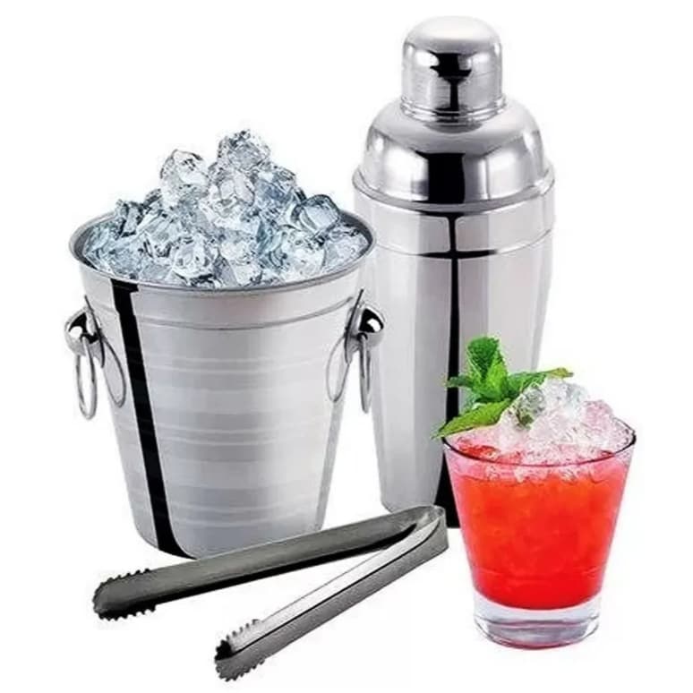 Kit  3 Peças Bar Inox Balde Coqueteleira e Pegador de Gelo Em Aço Inox 3 Peças