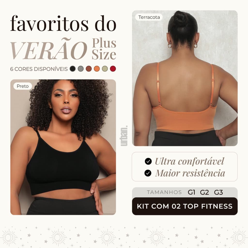 Kit 2 Top Feminino Plus Size Poliamida | Cropped Bojo Removível Fitness Alça Fina Alta Sustentação Confortável G1 G2 G3