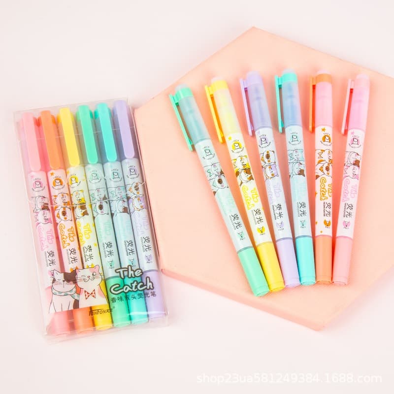 Kit Marca Texto 6 Cores Florescentes Ponta Dupla Perfumados Ideal para Estudos/Escritório/Anotações/Organização