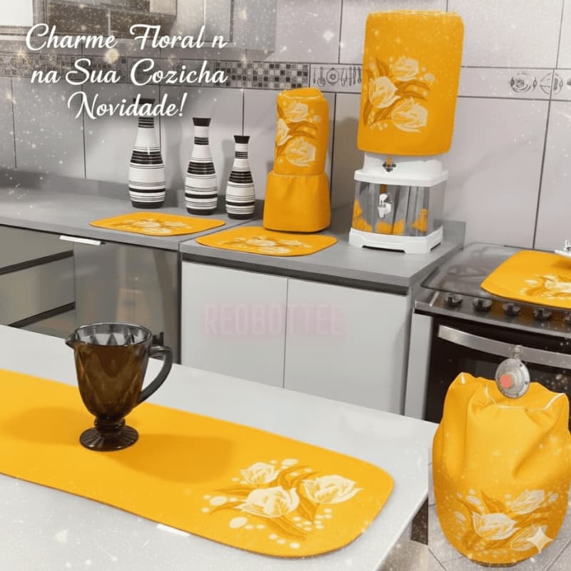 Jogo de Capas de Cozinha 7 Peças – Kit Completo para Galão, Botijão, Forno, Filtro e Tapetes Antiderrapantes