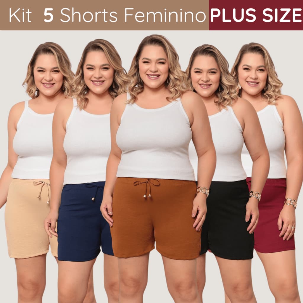 Kit 5 Shorts Bermuda Feminina Plus Size Básica Lisa Praia Verão Piscina Secagem Rápida
