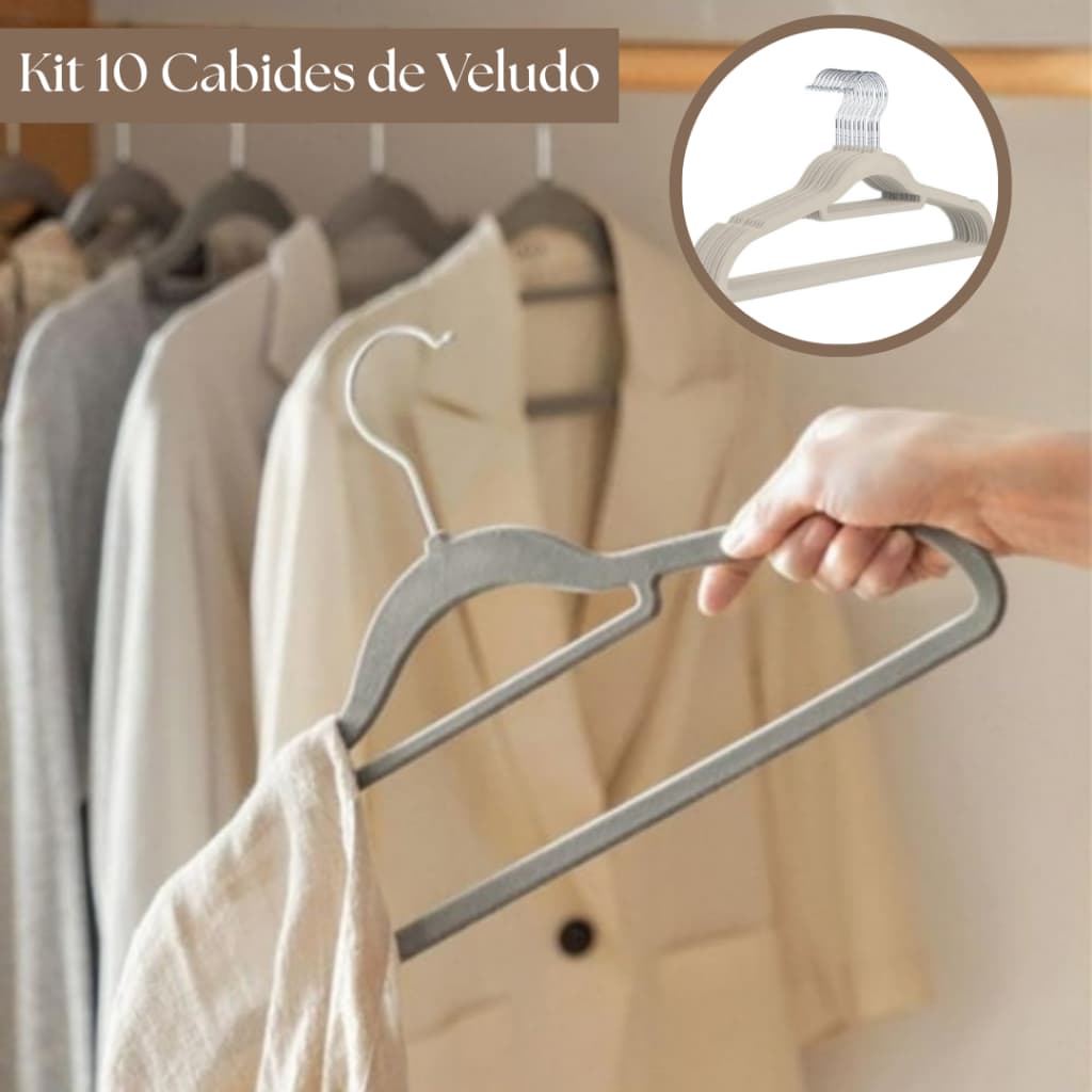 Kit 10 Cabides de Veludo Slim Ultrafino Antideslizante Premium Organizador - Adulto/Infantil