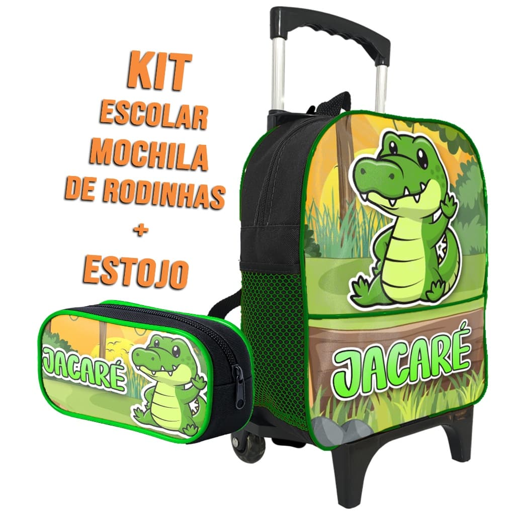 Mochila Escolar de Rodinha Infantil Menino Tema Estampa Jacaré Estojo 1 Zíper Simples