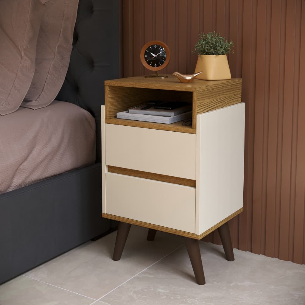 Mesa De Cabeceira  Criado Mudo Verona 2 Gavetas Nicho Organizador Retrô Pés Palito MDF