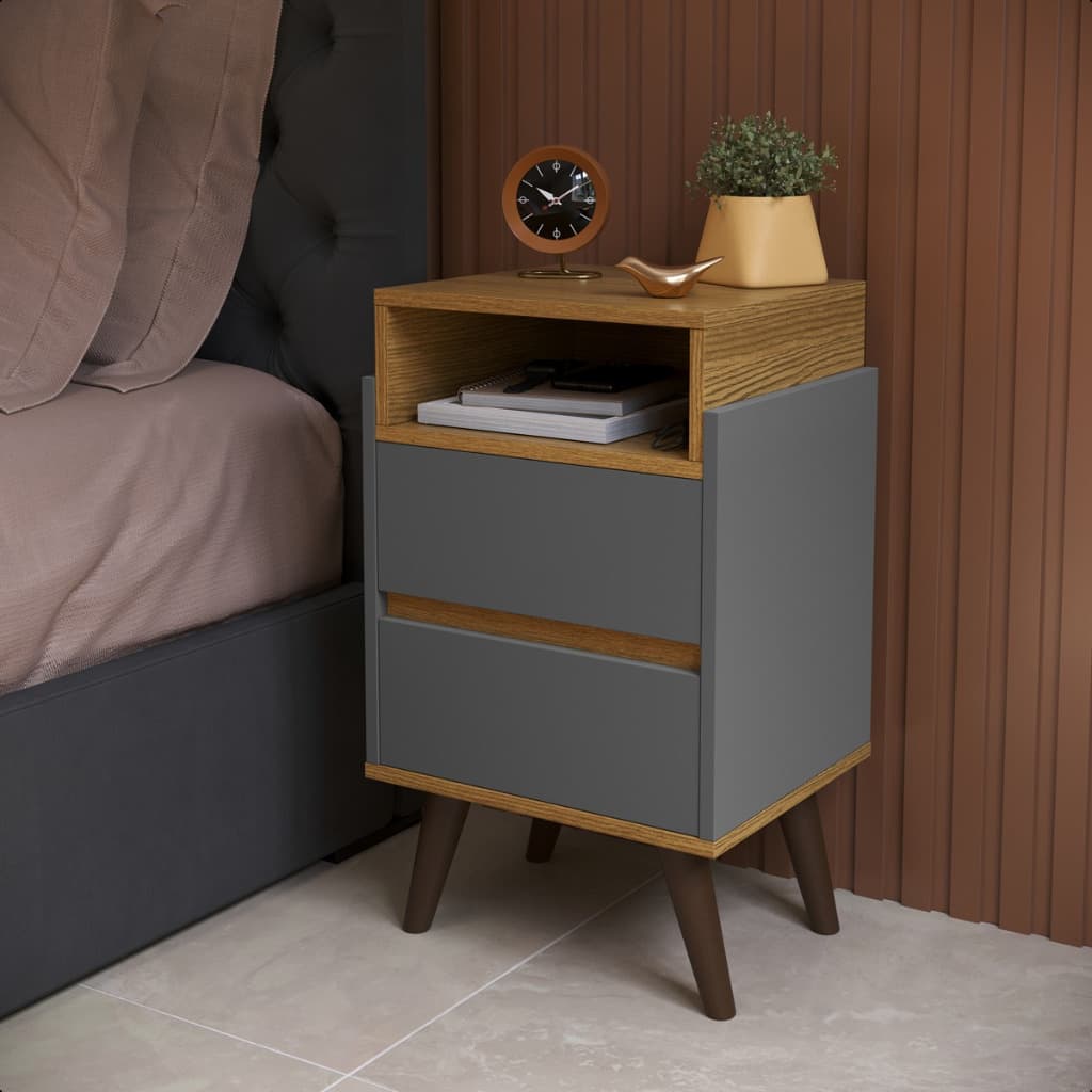 Mesa De Cabeceira Criado Mudo Verona 2 Gavetas Nicho Organizador Retrô Pé Palito Mdf
