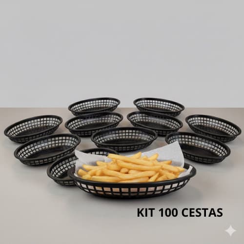 Kit 100 Cestas Oval Plástico Resistente Lanche Fritas Porções Lanchonete Restaurante Festa 2309