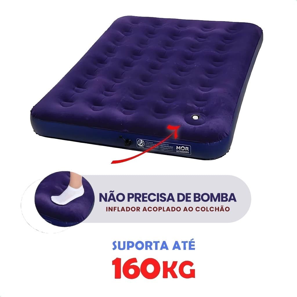 Colchão Inflável Casal com Inflador Acoplado Fole Embutido Multiuso Colchão de Casal Aveludado - Mor