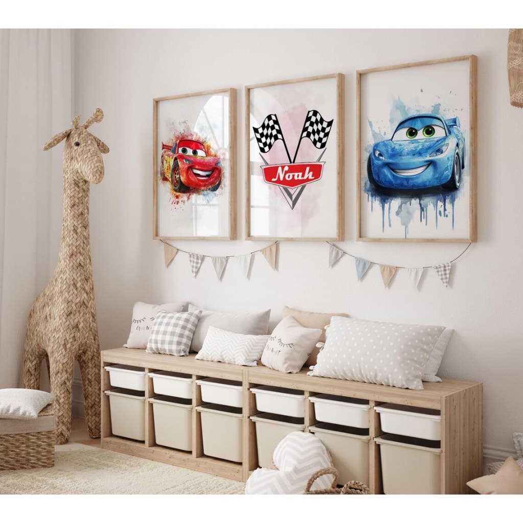 Kit Quadro Decorativo Nome Personalizado Super Carros Desenho Infantil Arte Abstrata Delicada  3 Pçs