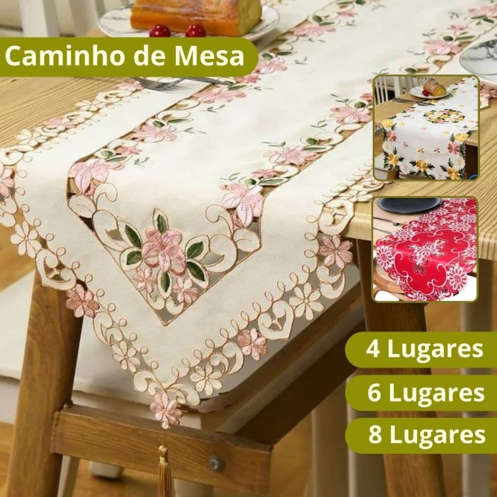 Caminho de Mesa Bordado Artesanal 40x180cm Com Renda Para Mesa 4 6 e 8 Lugares