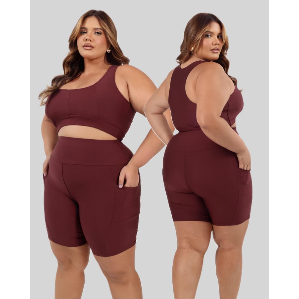 Conjunto Academia Plus Size Top e Short Com Bolso Premium Suplex Treino Zero Transparência
