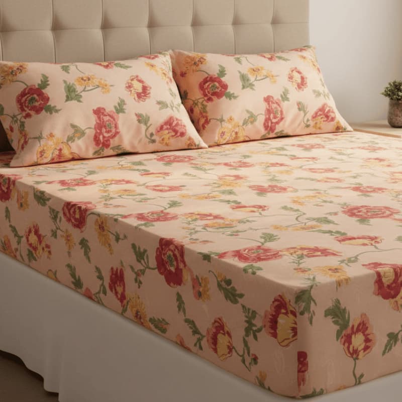 Jogo de Cama Casal 3 Peças – Lençol com Elástico + 2 Fronhas • Toque Macio • Estampa Floral Premium