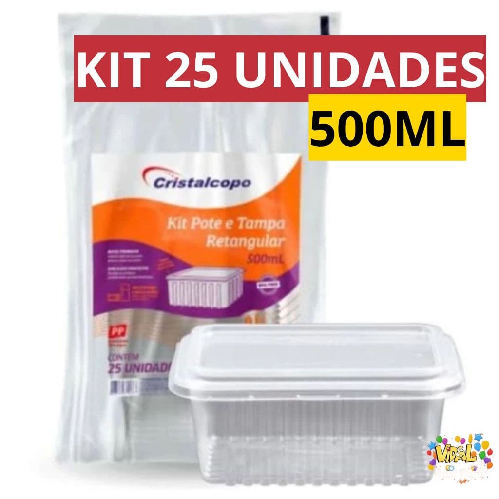 Kit 25 Potes 500ML Com Tampa Marmitas Marmitex Retangular Descartável Fitness Freezer Microondas