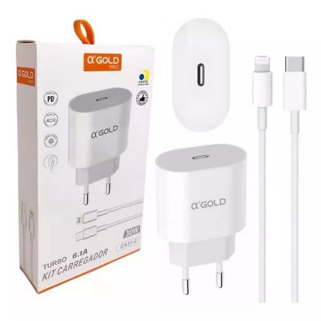 Carregador Turbo 30w Lightning IOS USB-C Fonte E Cabo para X XR SE 11 12 13 14 PRO MAX ENVIO RÁPIDO