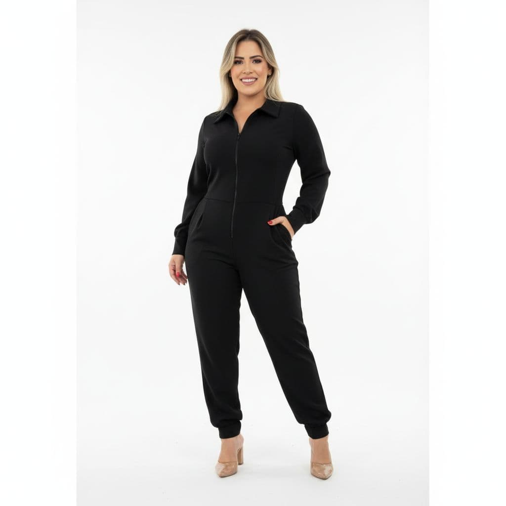 Macacão feminino em gabardine, com zíper, punho em malha, bolsos e gola tradicional