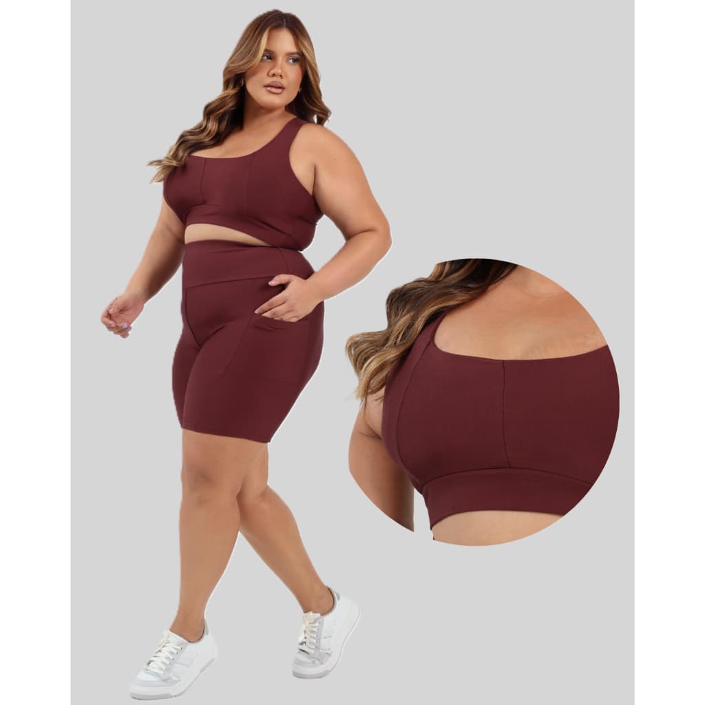 Conjunto Fitness Top e Short Com Bolso Plus Size Feminino Curves Cintura Alta Compressão
