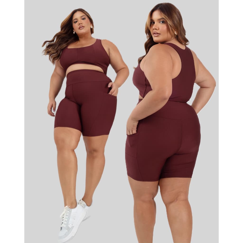 Conjunto Plus Size Fitness Top e Short Com Bolso Feminino Suplex Alta Sustentação Treino