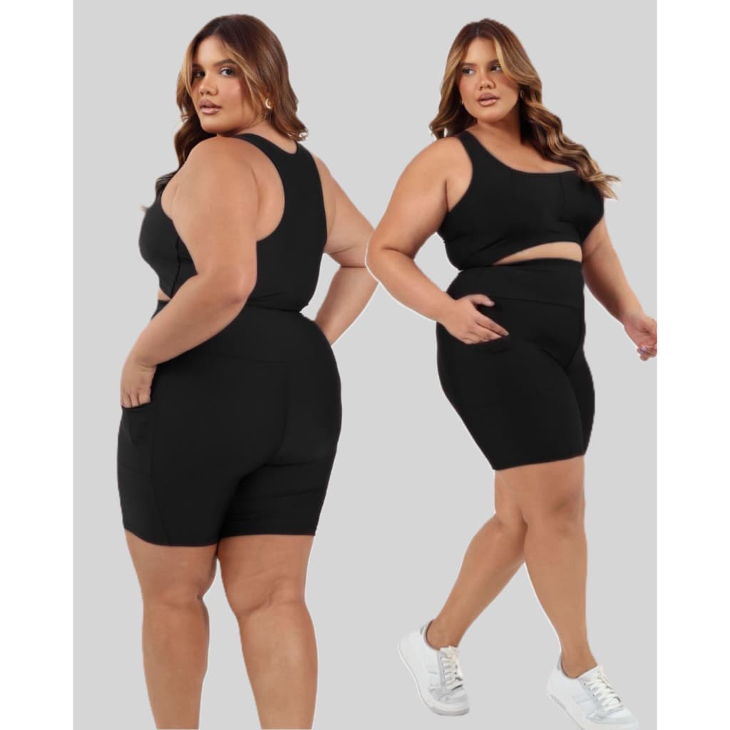 Conjunto Academia Feminino Plus Size Top e Short Cós Alto Com Bolso Modelagem Perfeita