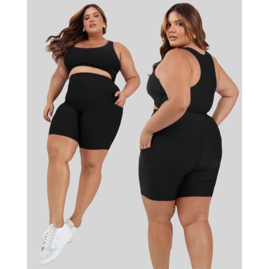Conjunto Fitness Top e Short Plus Size Feminino Ciclista Treino Bolso Porta Celular