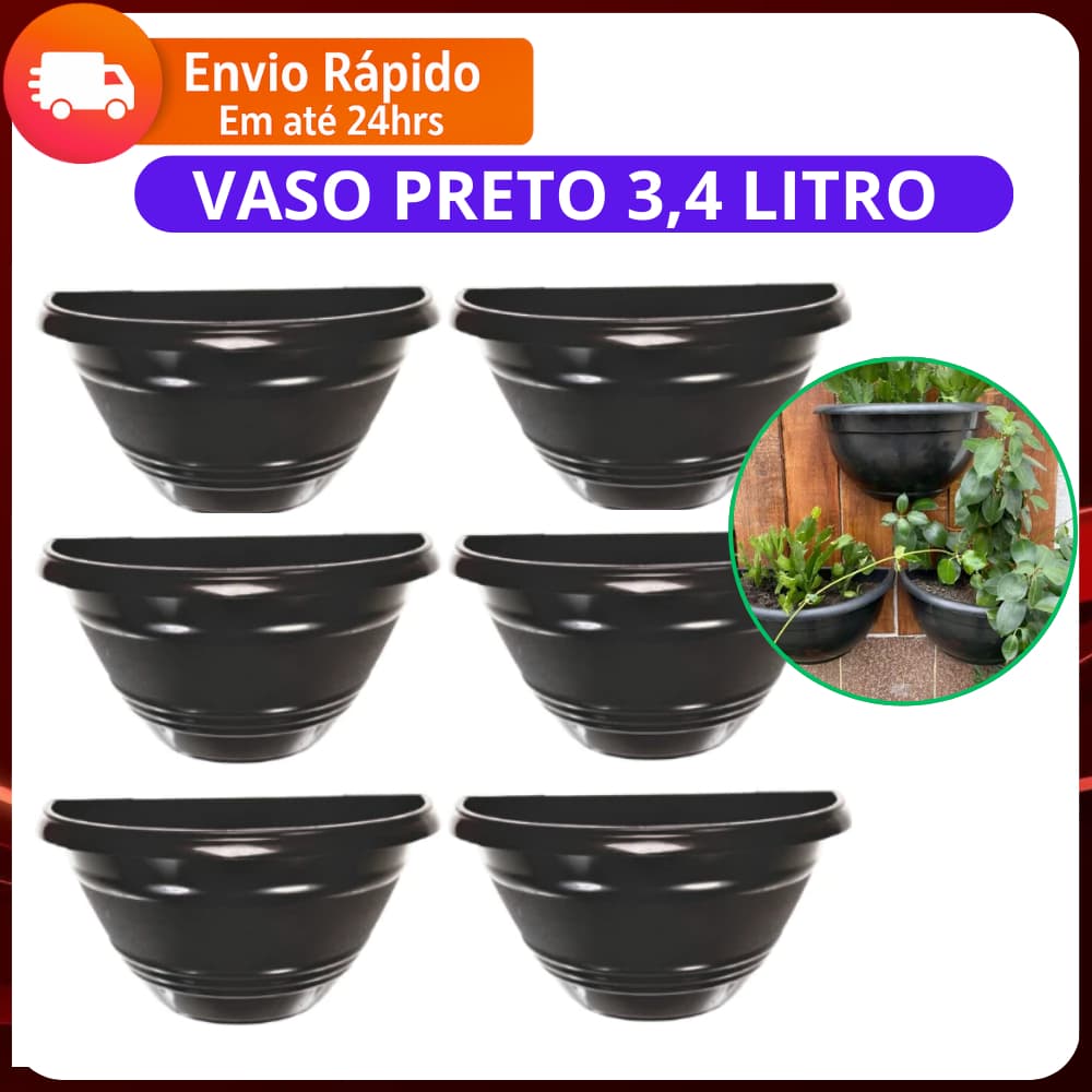 Kit 10/6 Vaso de Parede Meia Lua 3,4L Grande Preto de Plastico Flores e Plantas Resistente