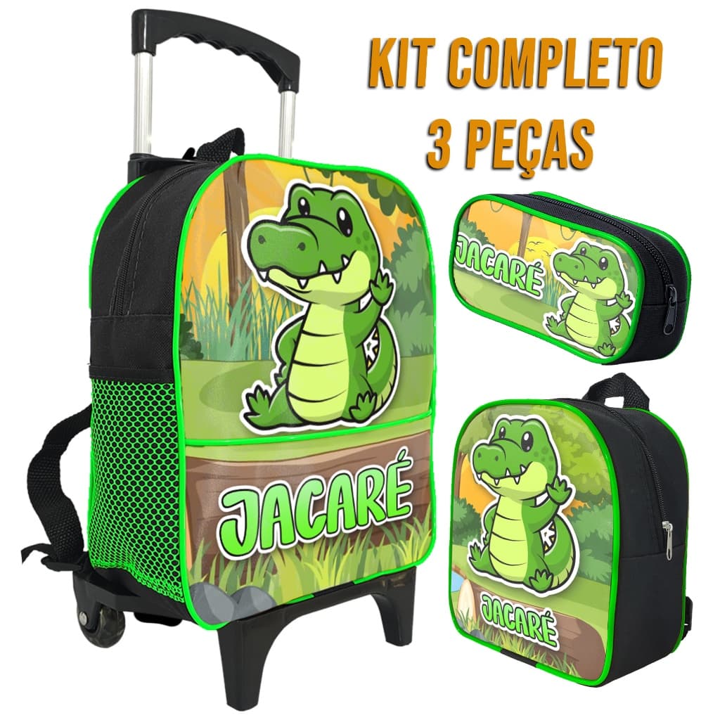 Kit Escolar Menino Infantil Estampa Jacaré Mochila de Rodinha , Estojo Simples 1 Ziper e Lancheira Térmica