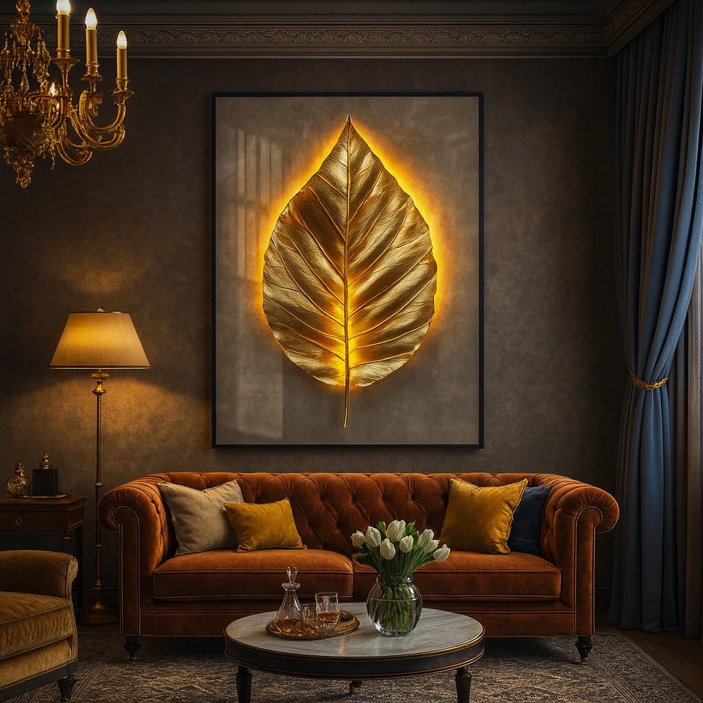 Quadro Decorativo De Luxo Folha Dourada 70x50 Com Acabamento Premium Para Escritório Sala e Quarto