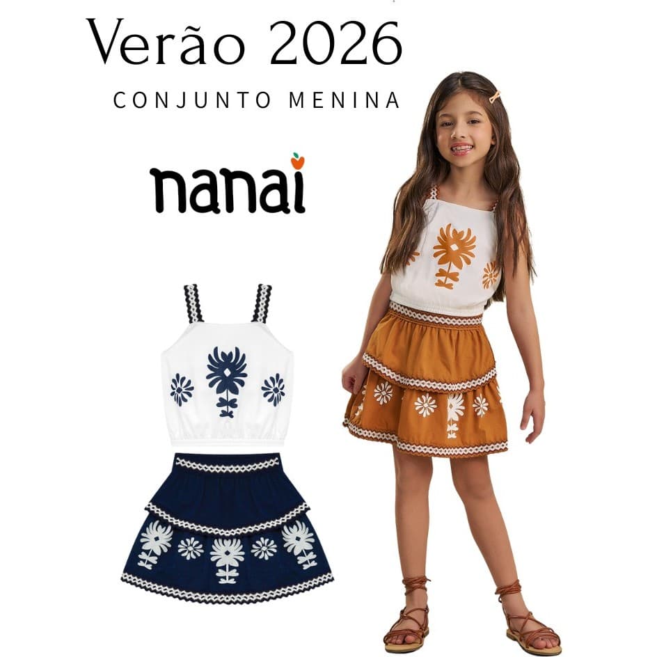 Conjunto Infantil Menina Nanai , ideal para festas e passeios ,tecido de algodão com short por baixo