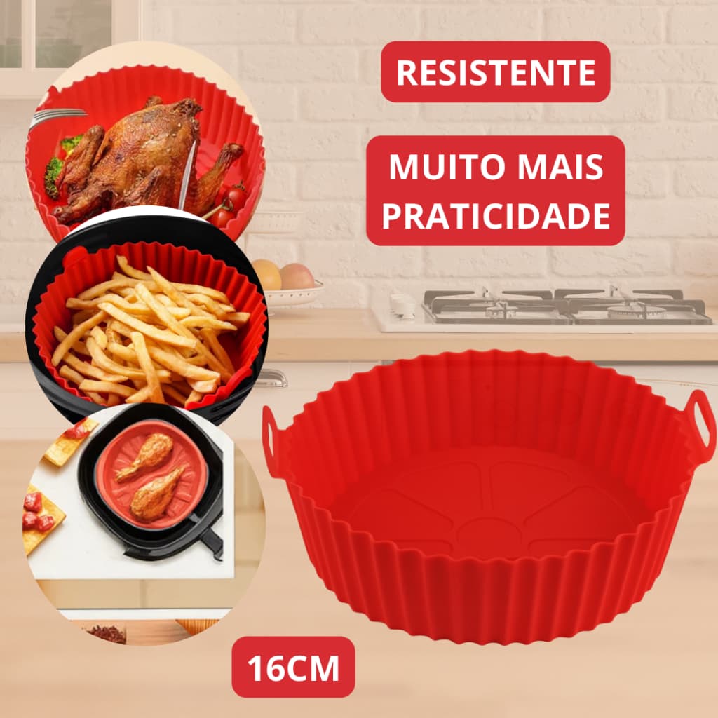 Forma Redonda 16cm Silicone Air Fryer Cesto Fritadeira Assadeira com Alça Microondas Cozimento