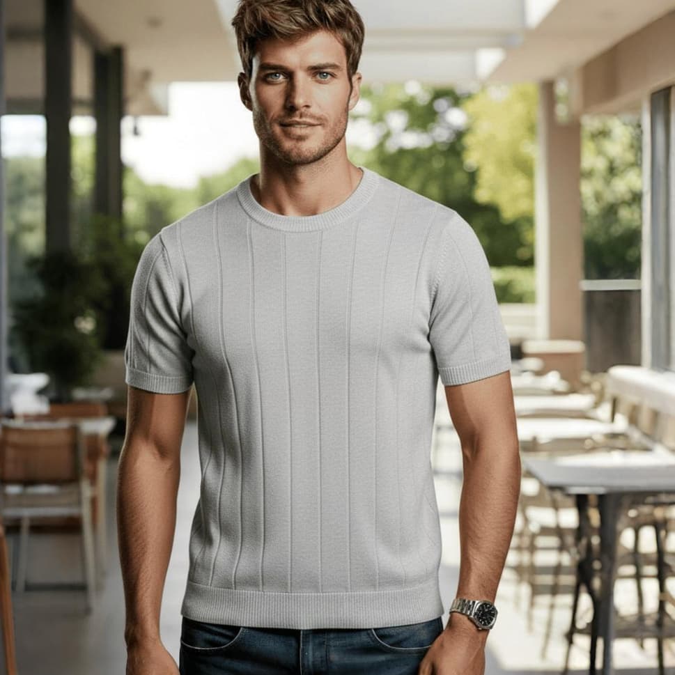 Camisa Slim Masculina Malha Canelada Tipo Algodão Linho Gola Redonda Tricot
