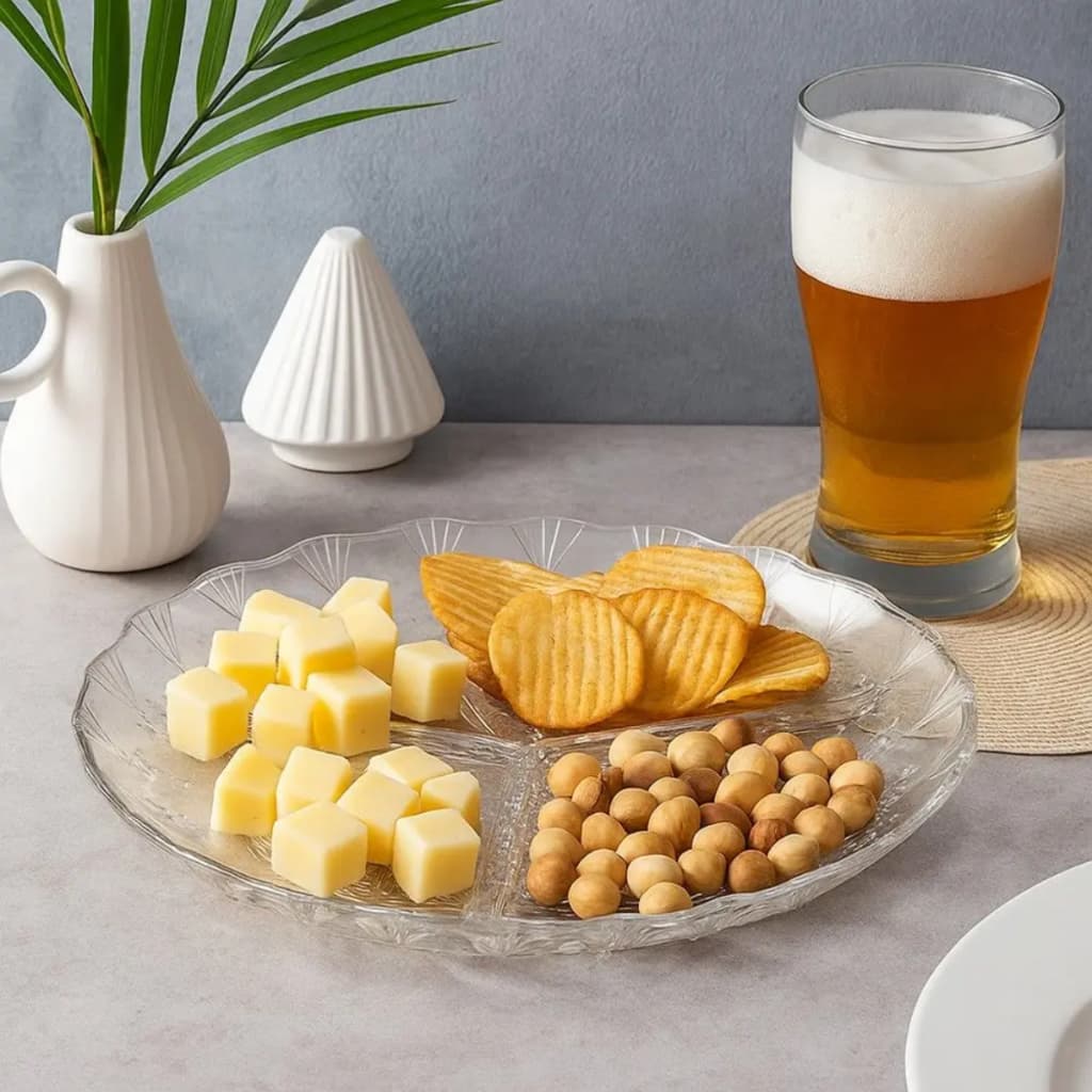 Petisqueira de Vidro com 3 Divisórias Floral 19,5cm Sepadores para Frios e Queijos Aperitivos Centro de Mesa Decorativa
