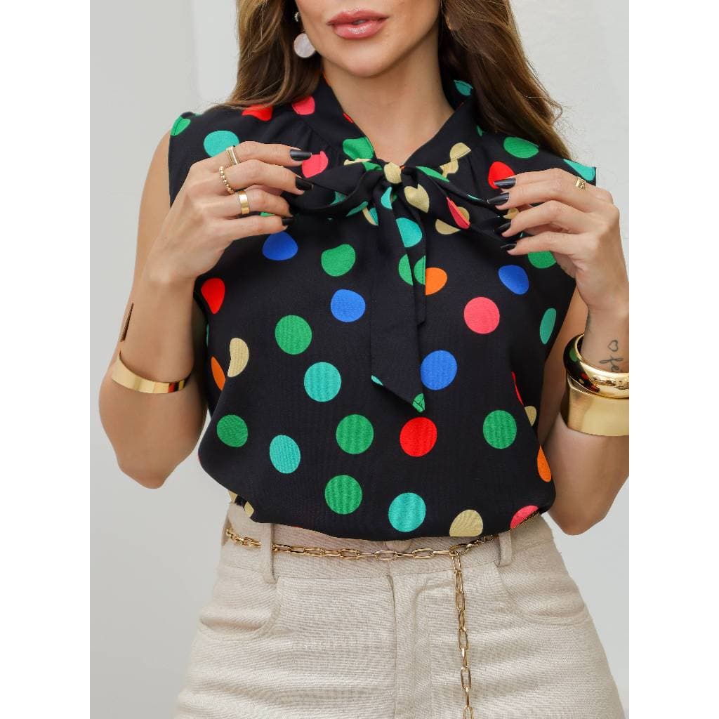 AMY FASHION Camisa Feminina Com Cordões De Gravata Decido Duna BOLINHO COLORIDO Sem Manga Plus Side moda 2025