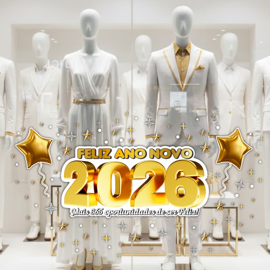 Adesivo de Vitrine Ano Novo 2026 – Decoração para Lojas, Boutiques e Ambientes Comerciais