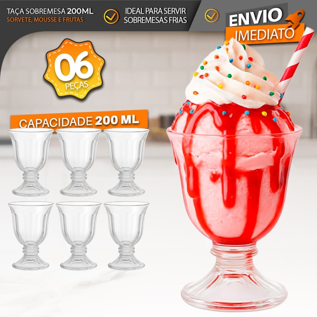 Taças de Sobremesa 6 peças em Vidro 200ml - taça Sorvete, Mousse e Frutas