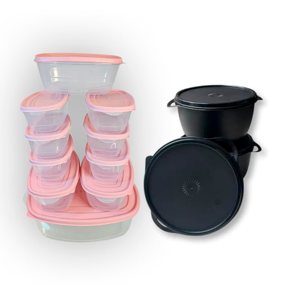 Kit 10 Potes Plásticos Transparentes c/ Tampa + 3 Bowls 500ml c/ Tampa Preto