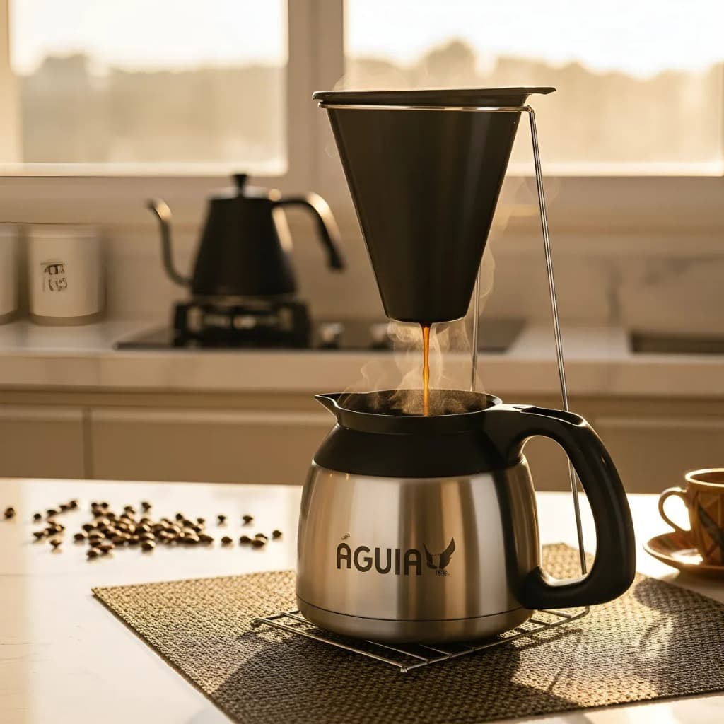 Filtro Coador de Café Plástico Reutilizável com Suporte 33cm Aço Cromado Resistente de Cozinha Águia