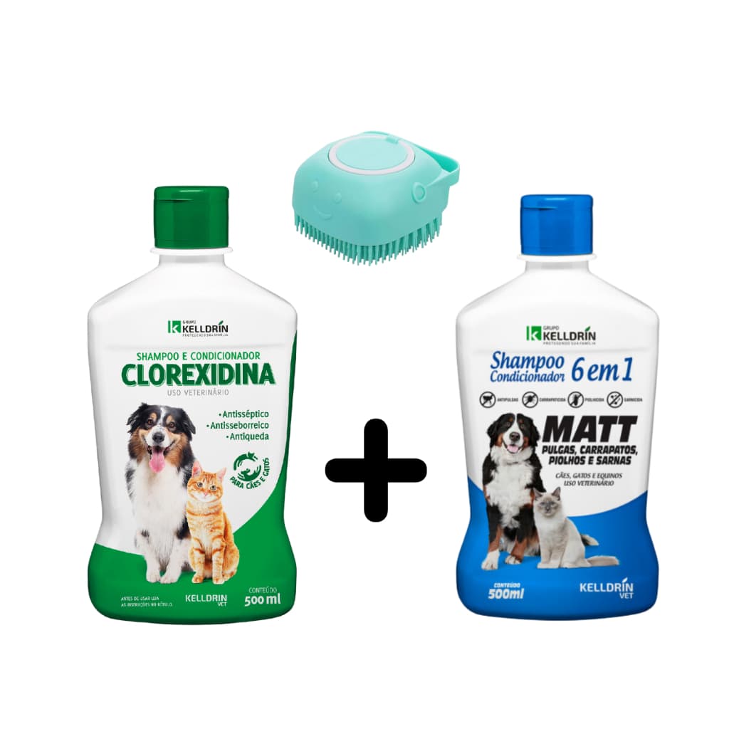 Kit Shampoo e Condicionador Clorexidina + Shampoo e Condicionador 6 em 1 + Escova de Banho