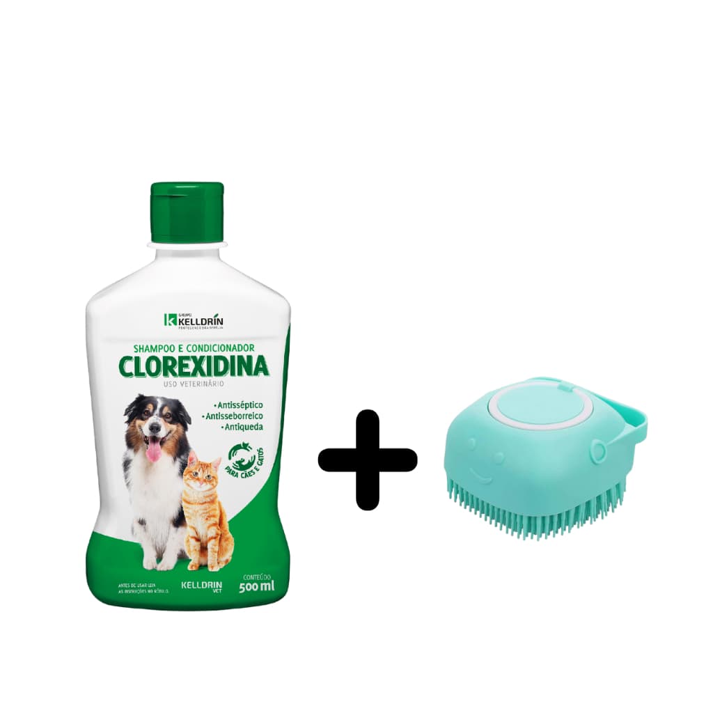 Shampoo Clorexidina 500ml Kelldrin Vet + Escova de Banho Massageadora para Pets