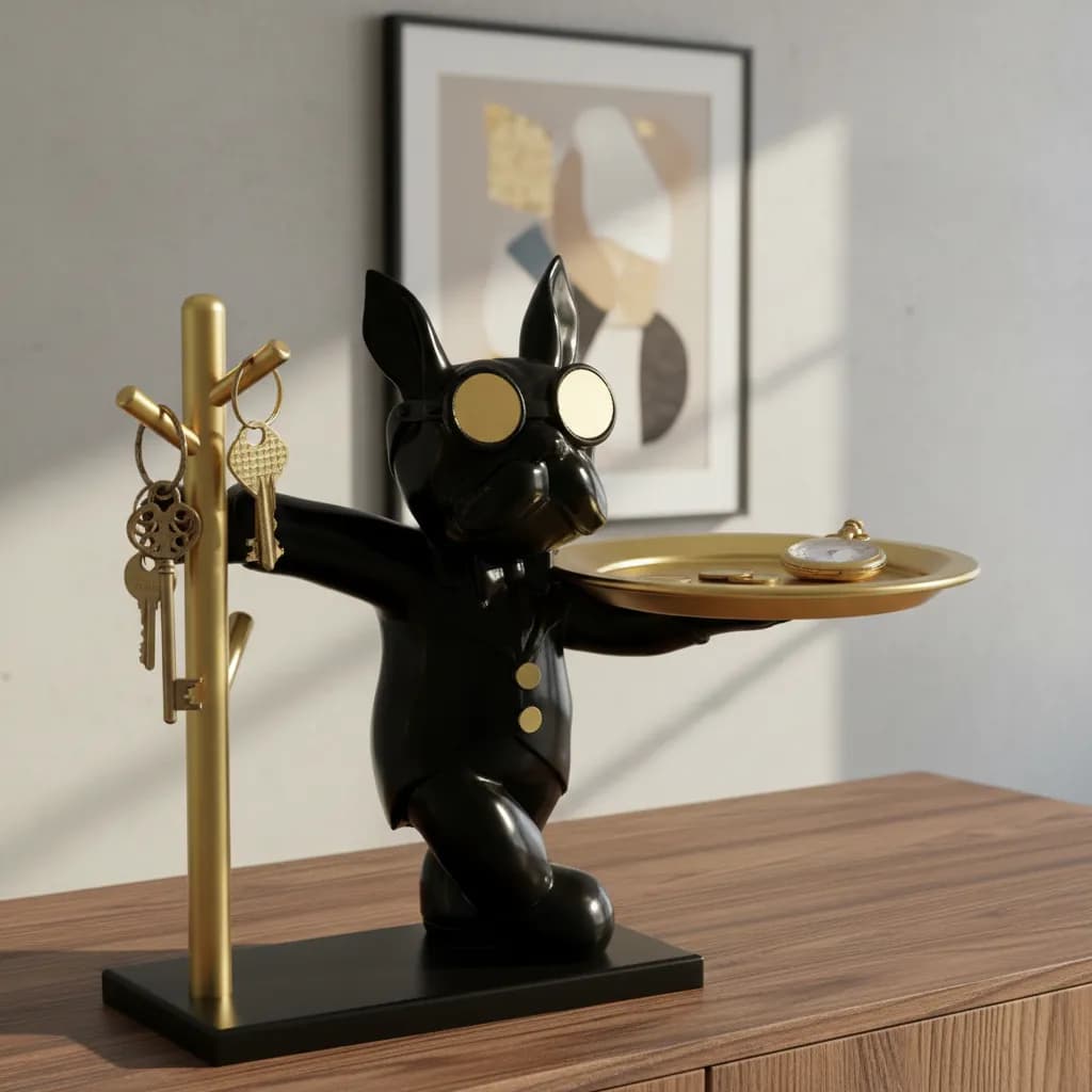 Organizador Decorativo Bulldog com Bandeja Dourada – Porta-Trecos, Porta-Chaves e Suporte para Colares