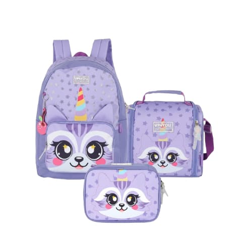 Kit Mochila Costas Estojo Box Lancheira Térmica Gatinho Unicórnio Animais Pet Escolar Feminino